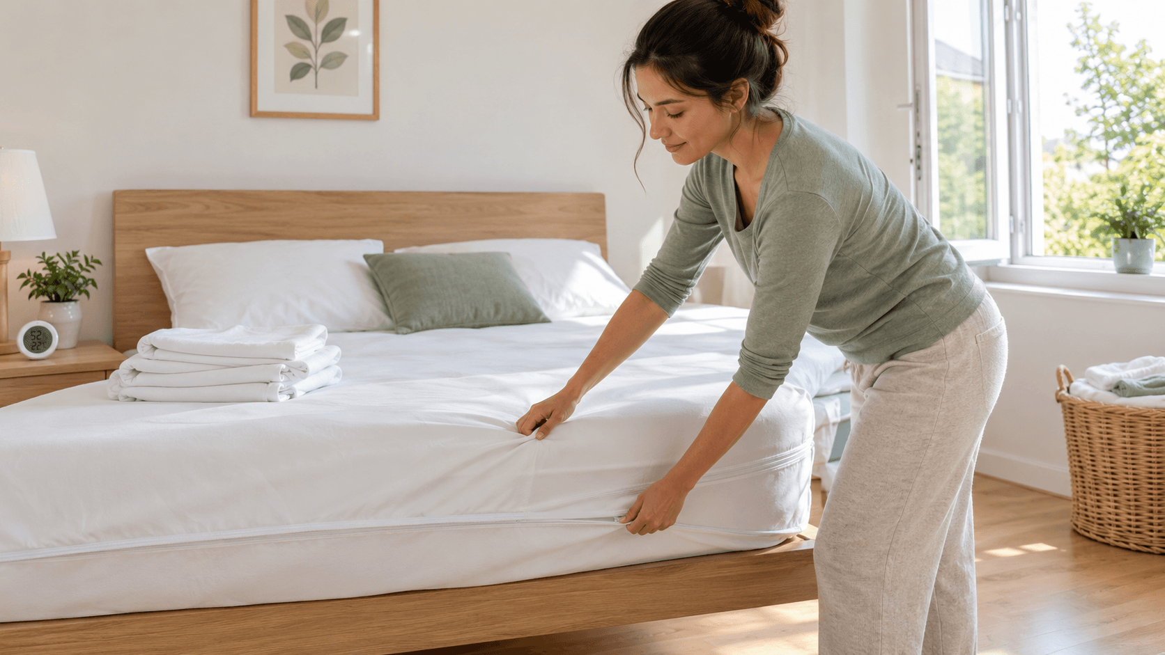 Femme posant une housse anti-acariens sur un matelas dans une chambre claire et épurée, avec hygromètre