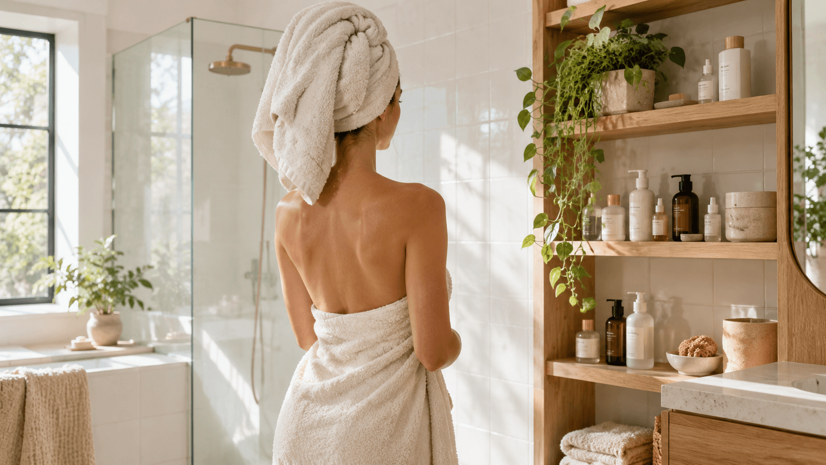 Jeune femme de dos enroulant ses cheveux dans une serviette près d'une étagère de soins dans une salle de bain
