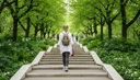 Femme de dos montant un escalier de parc en chaussures de marche, gourde à la main