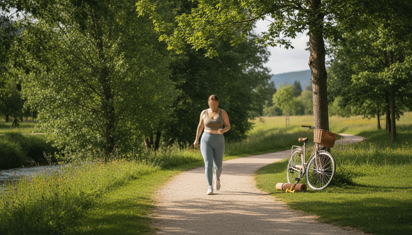 Chemin de parc ensoleillé avec vélo, tapis de yoga et haltères légers, évoquant une activité physique adaptée pour une gestion du poids durable