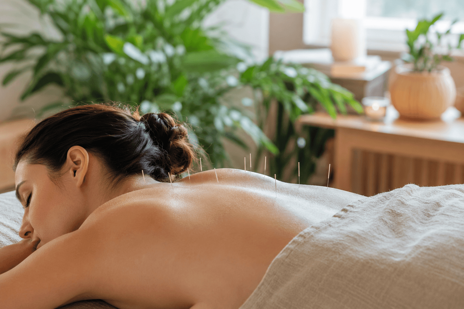 Séance d'acupuncture apaisante avec de fines aiguilles pour soulager la douleur chronique dans un cabinet serein.