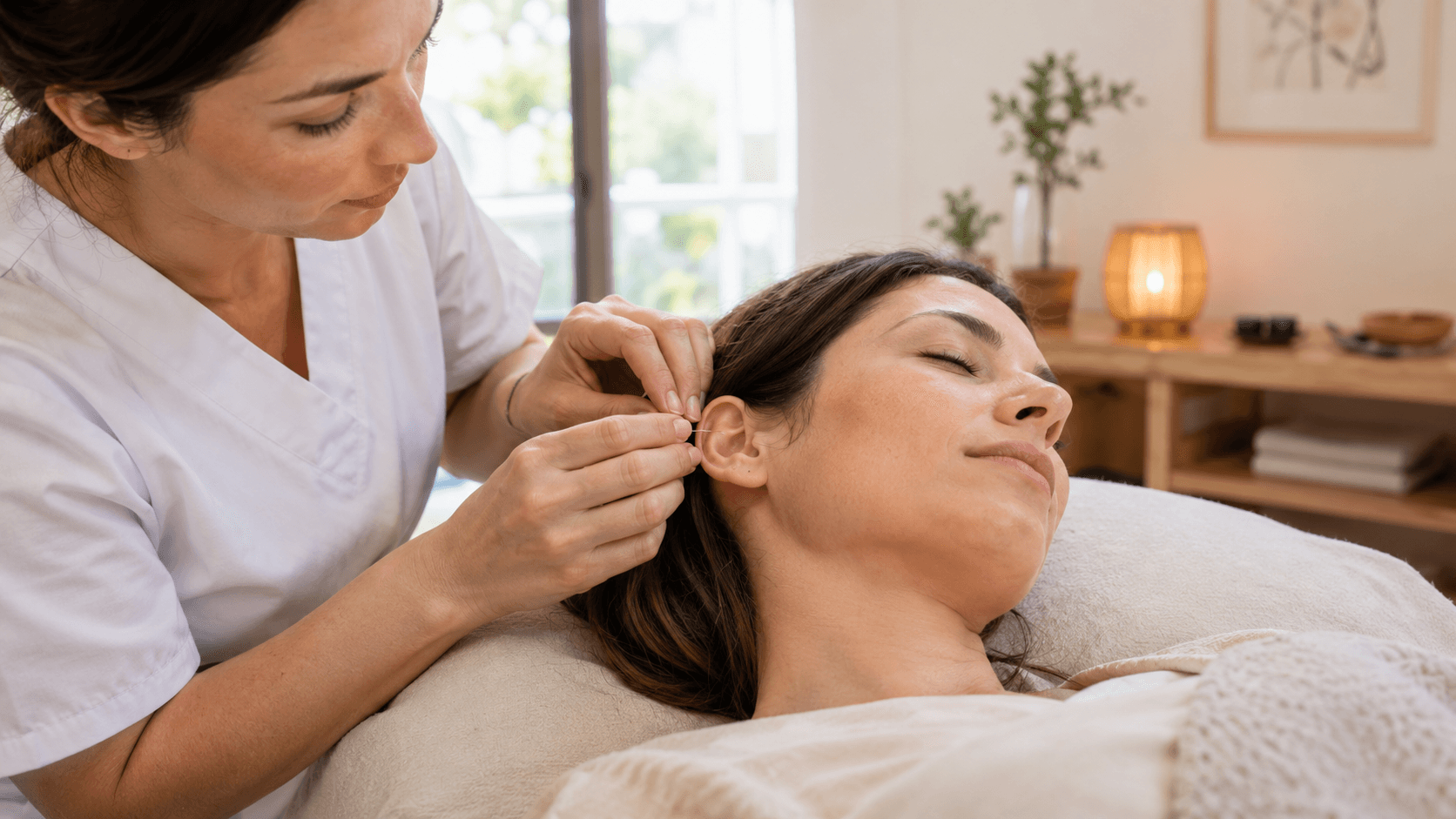 Acupuncteur posant une fine aiguille auriculaire stérile sur l'oreille d'un patient détendu pendant un sevrage
