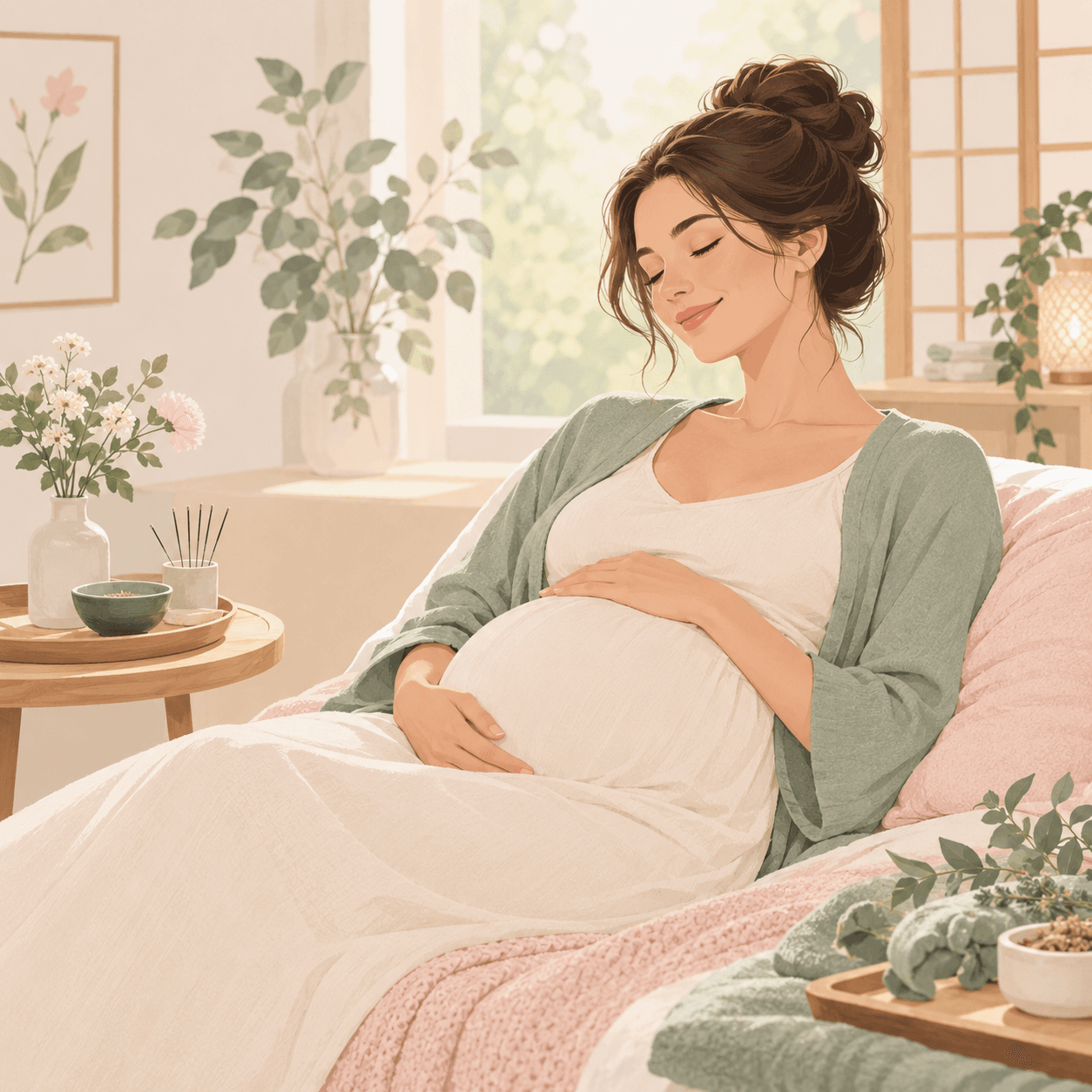 Illustration douce d'une femme enceinte sereine, thème acupuncture et bien-être maternité