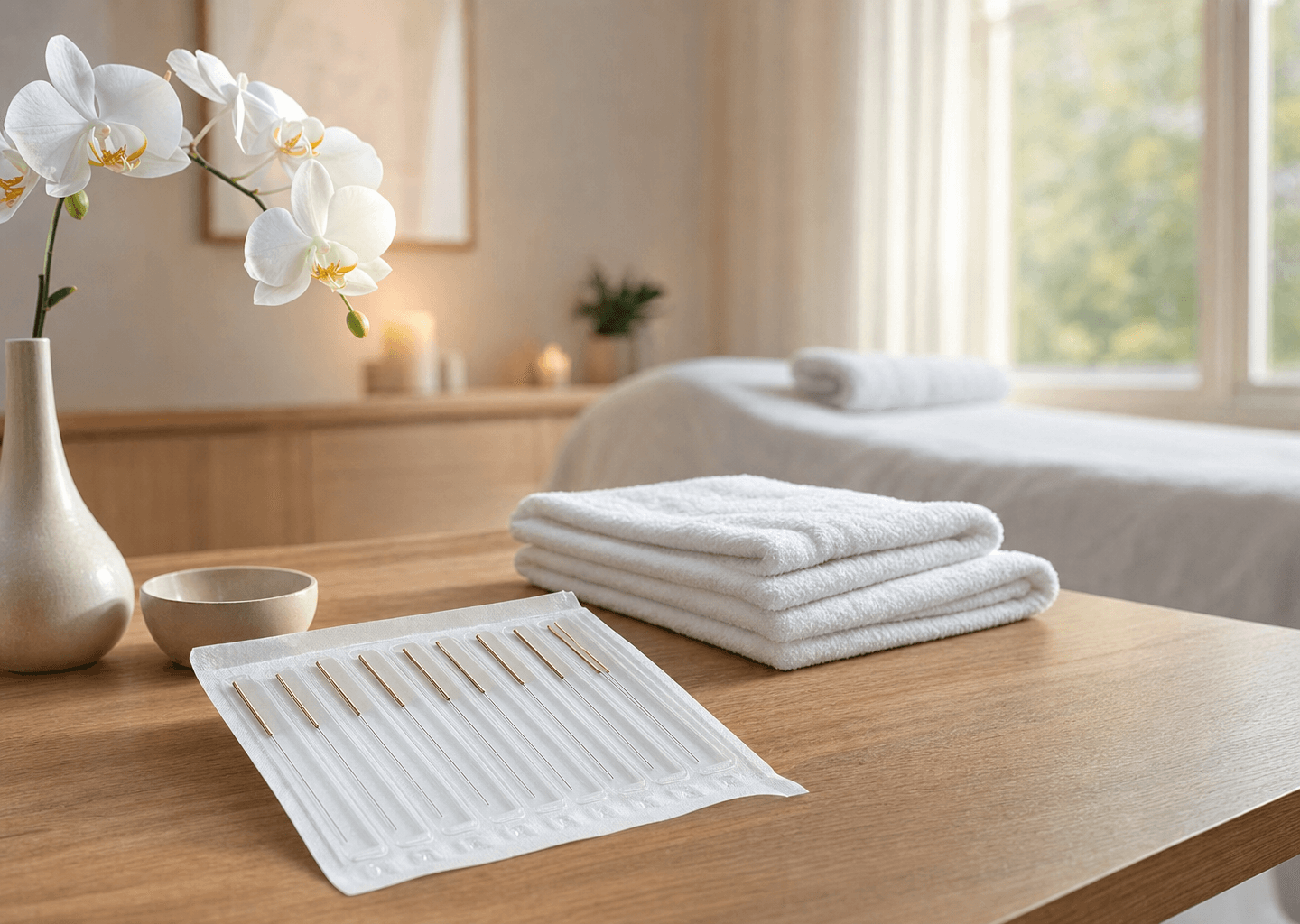 Cabinet d'acupuncture serein avec aiguilles fines dans leur étui, orchidée blanche et serviettes propres sous une lumière apaisante