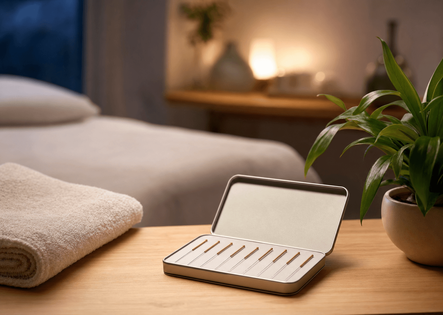 Aiguilles d'acupuncture fines dans leur étui stérile sur une table en bois clair, cabinet paisible en soirée, lumière tamisée et plante verte
