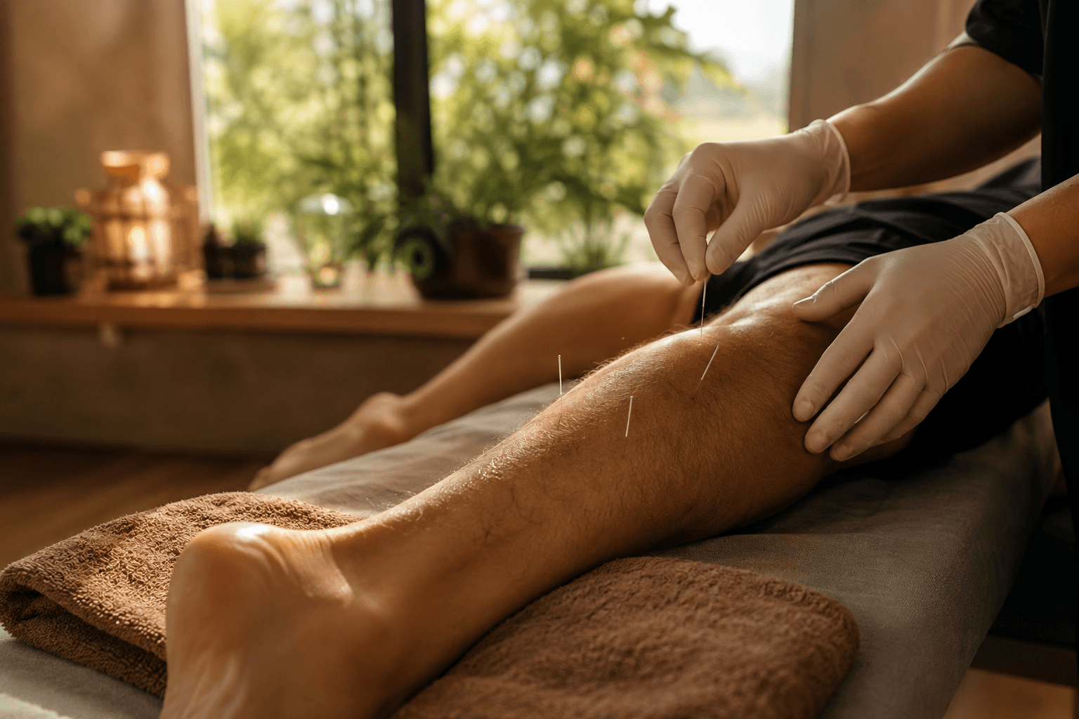 Athlète recevant de fines aiguilles d'acupuncture sur le mollet lors d'une séance de récupération en cabinet