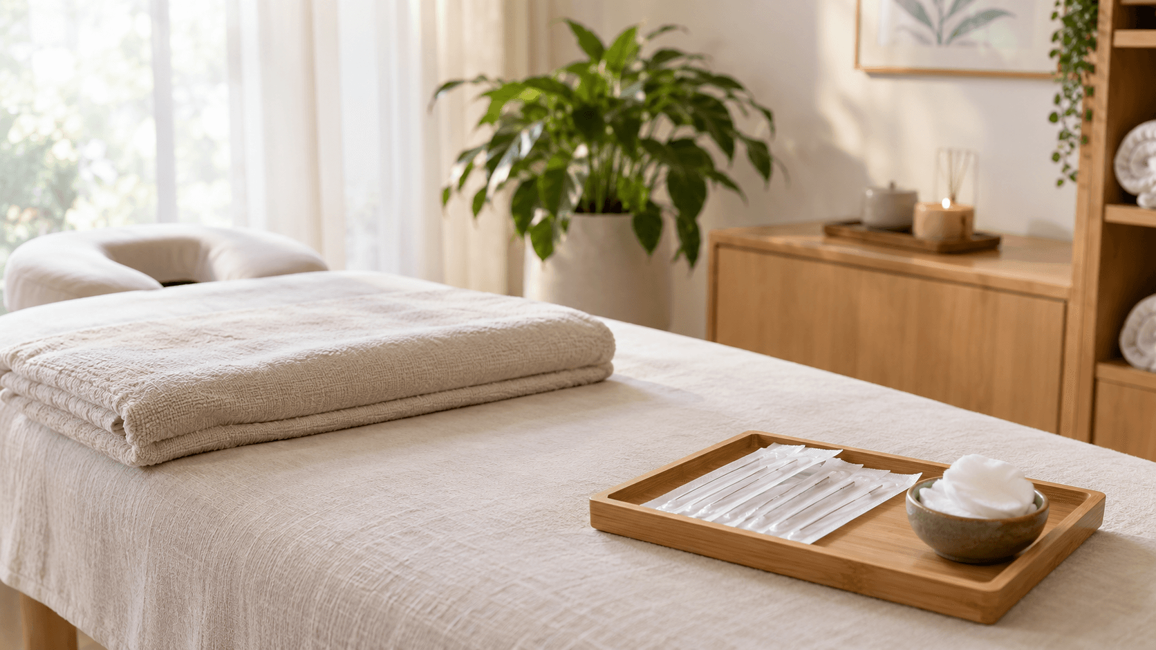 Table de soin en acupuncture avec aiguilles stériles à usage unique, ambiance calme, pour la gestion du stress.