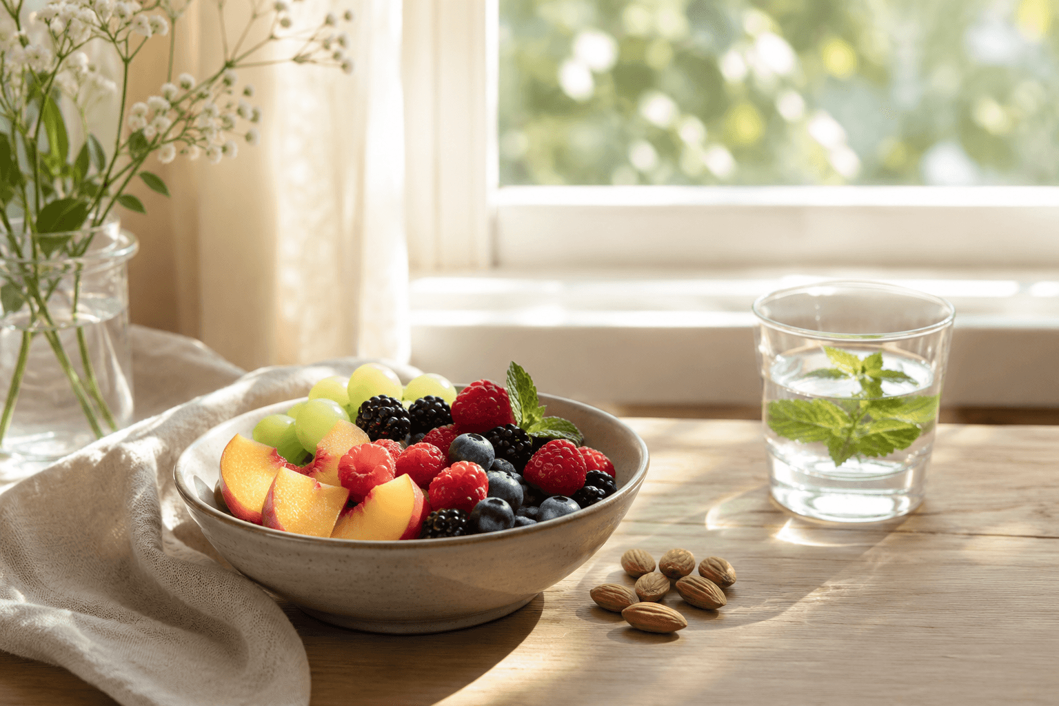 Nature morte sereine avec fruits frais, eau et lumière douce, évoquant une relation apaisée et équilibrée à l'alimentation