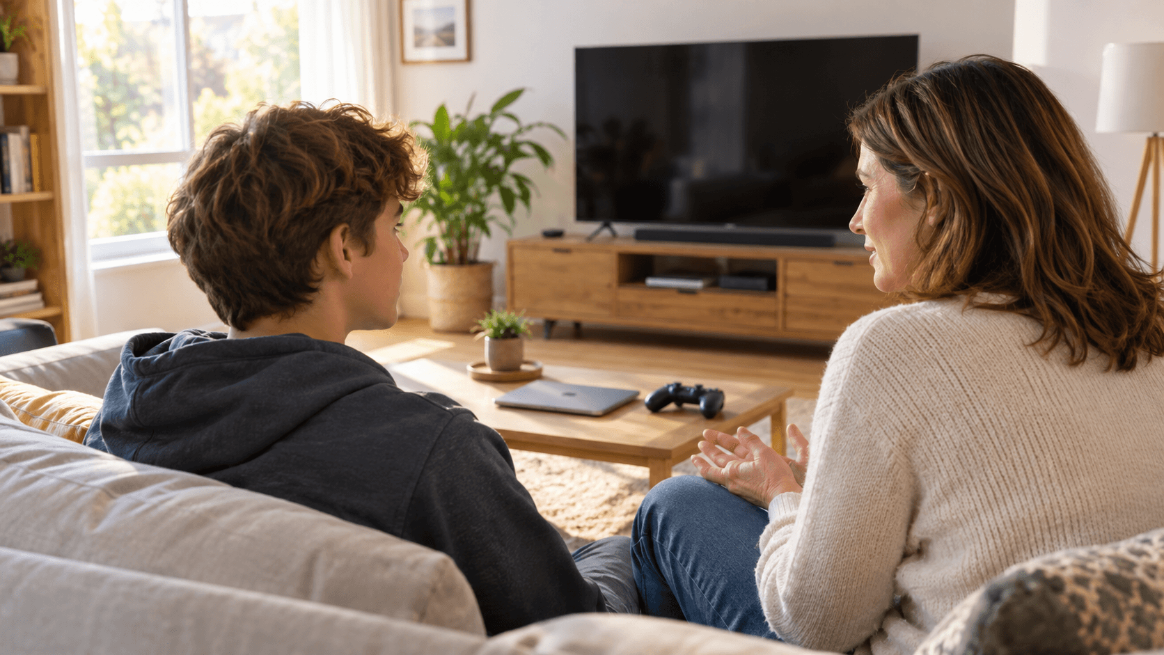 Mère assise sur un canapé discutant calmement avec son fils adolescent, une manette posée sur la table basse du salon