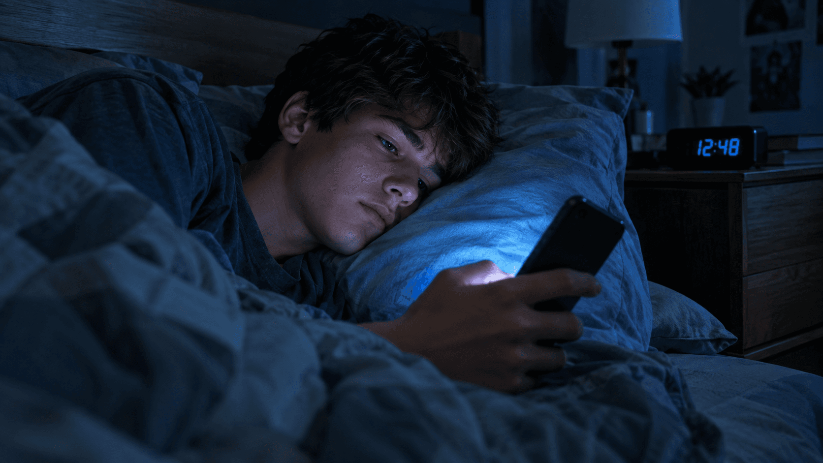 Adolescent éveillé la nuit dans son lit, le visage éclairé par la lueur bleue de son smartphone, réveil sur la table de nuit
