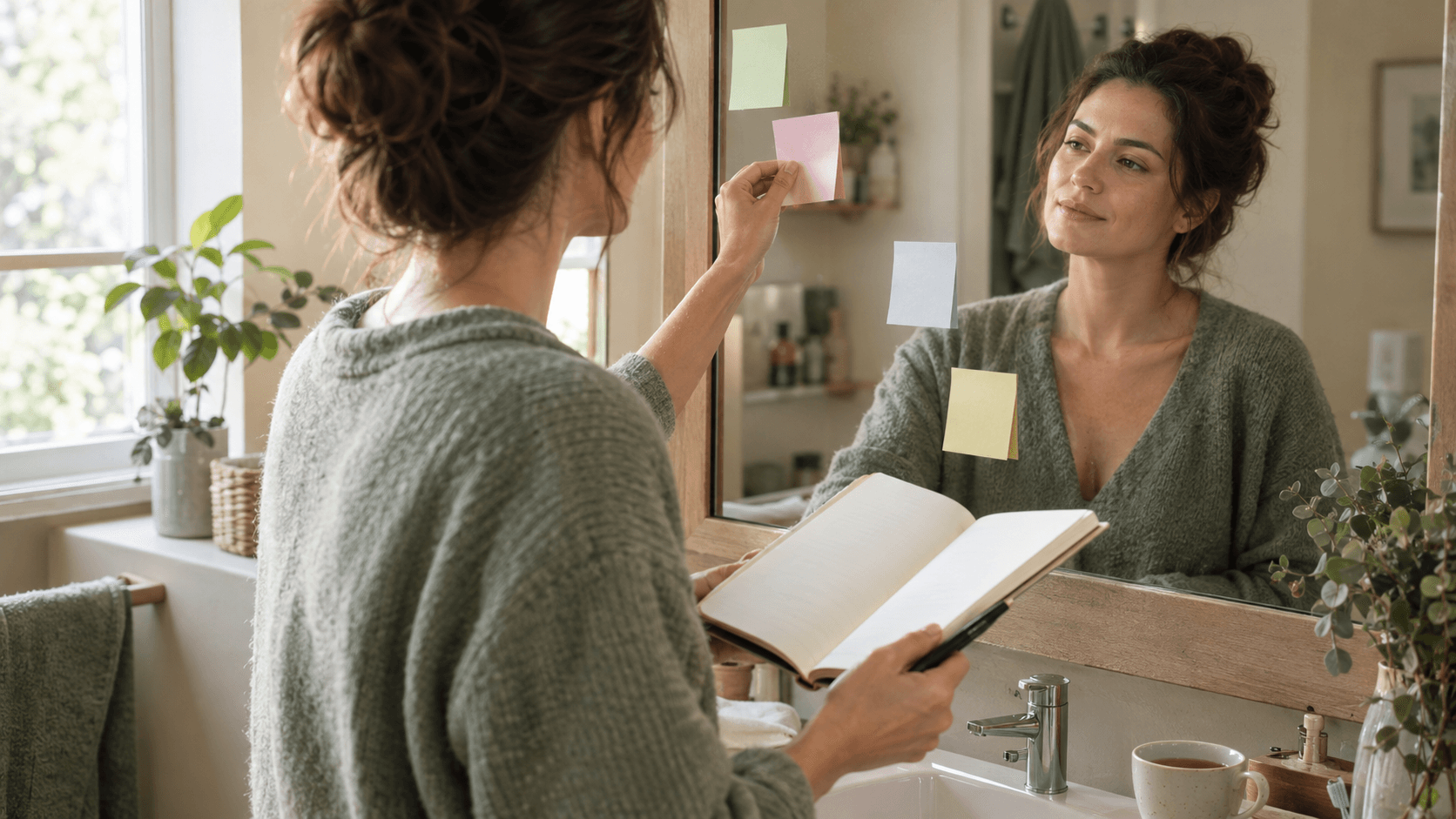 Femme devant le miroir d'une salle de bains retirant des post-it vierges, un carnet ouvert à la main