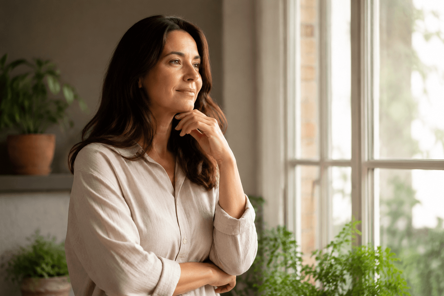Femme sereine près d'une fenêtre ensoleillée, atmosphère apaisée évoquant la réflexion sur le temps et la fertilité
