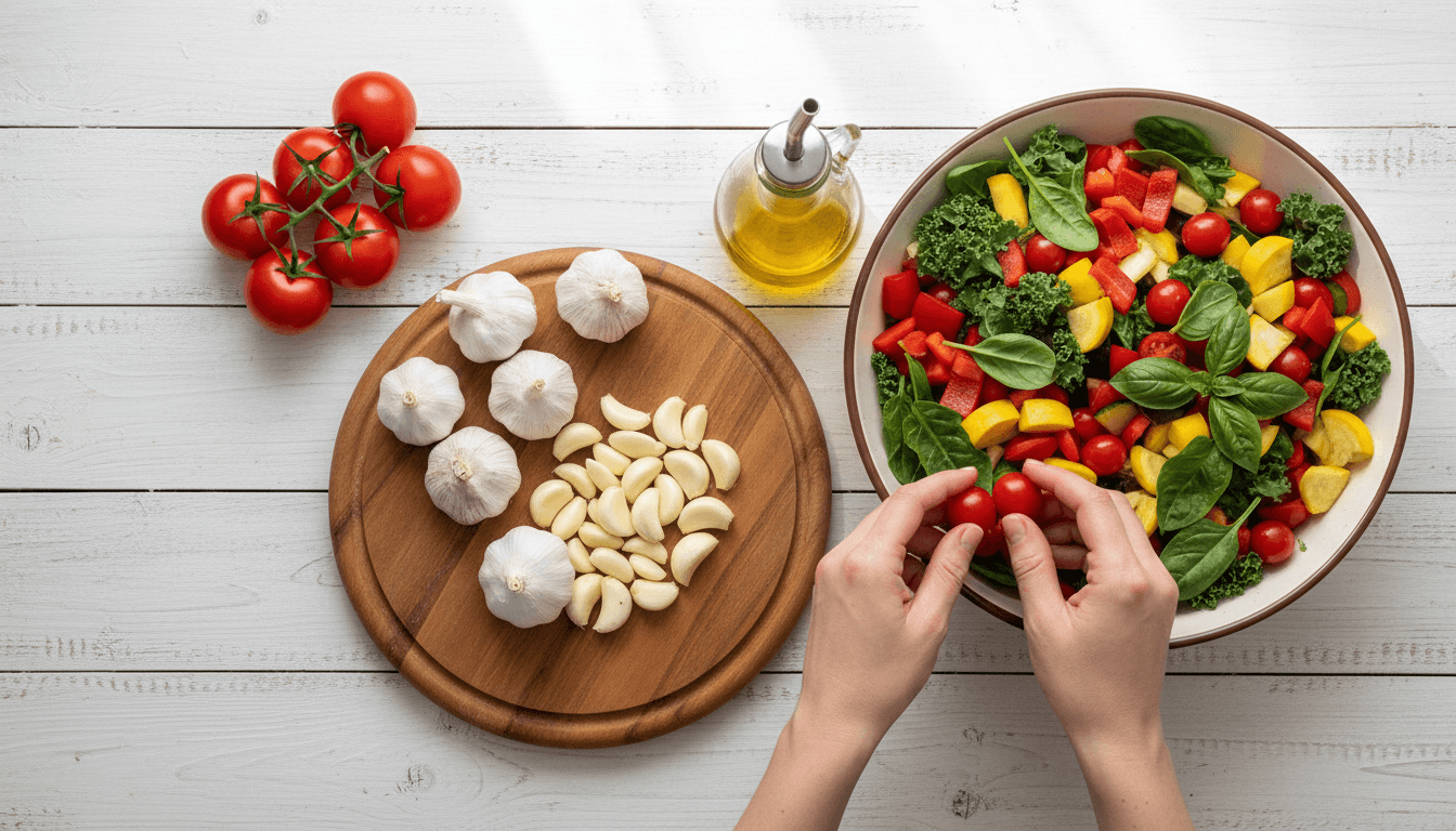 Mains disposant de l'ail frais et de légumes méditerranéens sur une table en bois, scène de nutrition cardiovasculaire