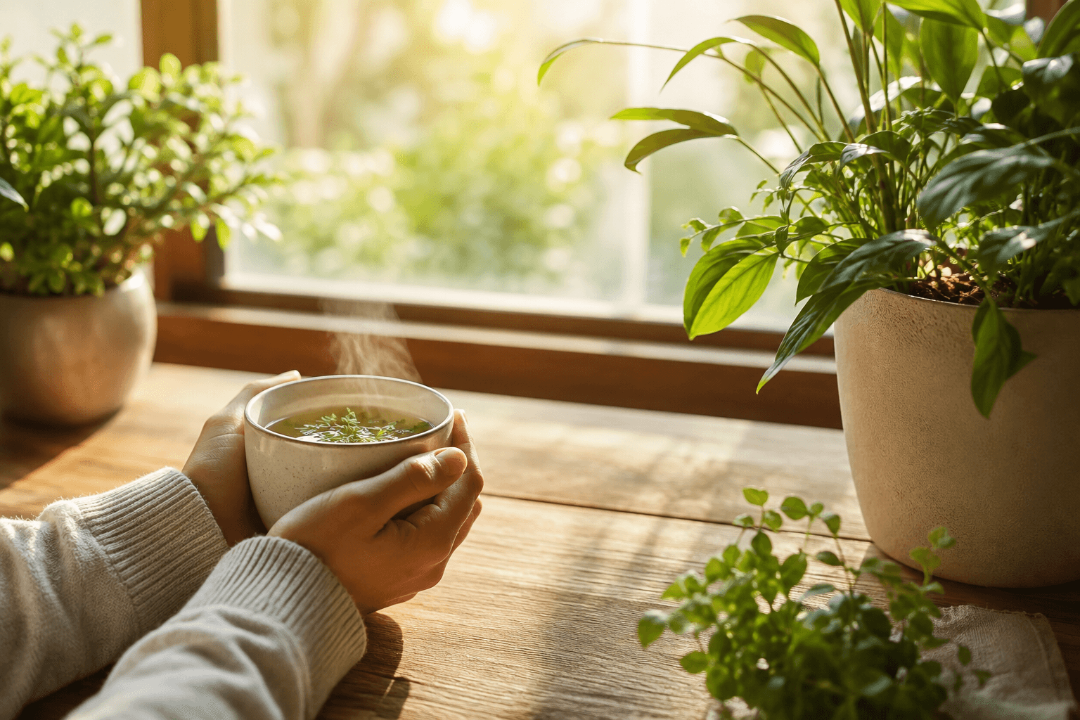 Ambiance apaisante de renouveau : mains tenant une tasse de tisane près d'une fenêtre lumineuse, symbole d'un accompagnement bienveillant