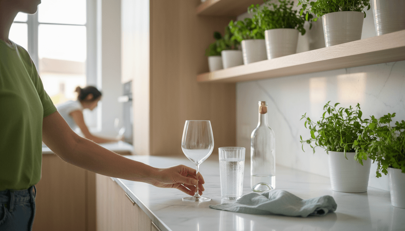 Gros plan d'une main écartant un verre de vin pour saisir un verre d'eau sur un plan de travail