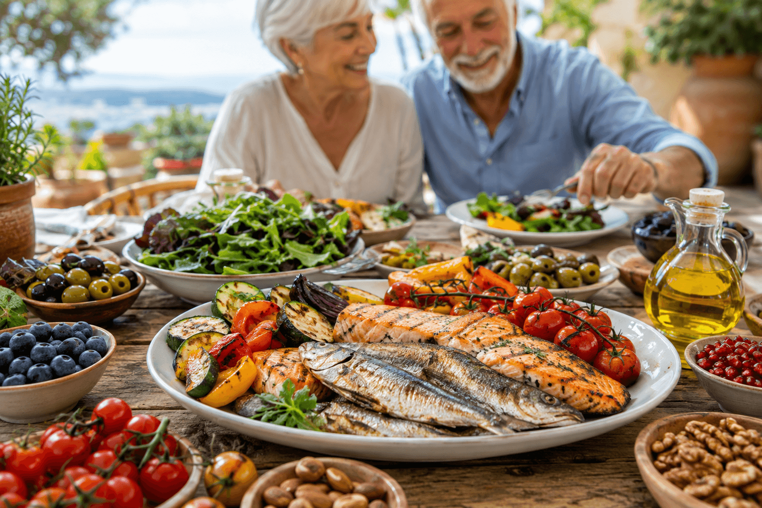 Assiette méditerranéenne colorée de légumes, poisson et fruits pour une alimentation anti-âge