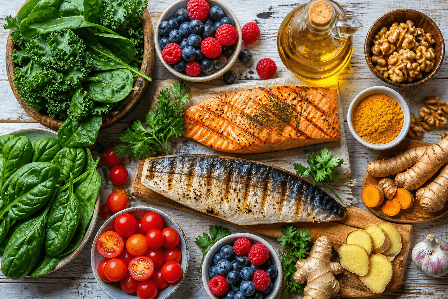 Assiette anti-inflammatoire colorée : poissons gras, curcuma, baies, légumes verts et huile d'olive