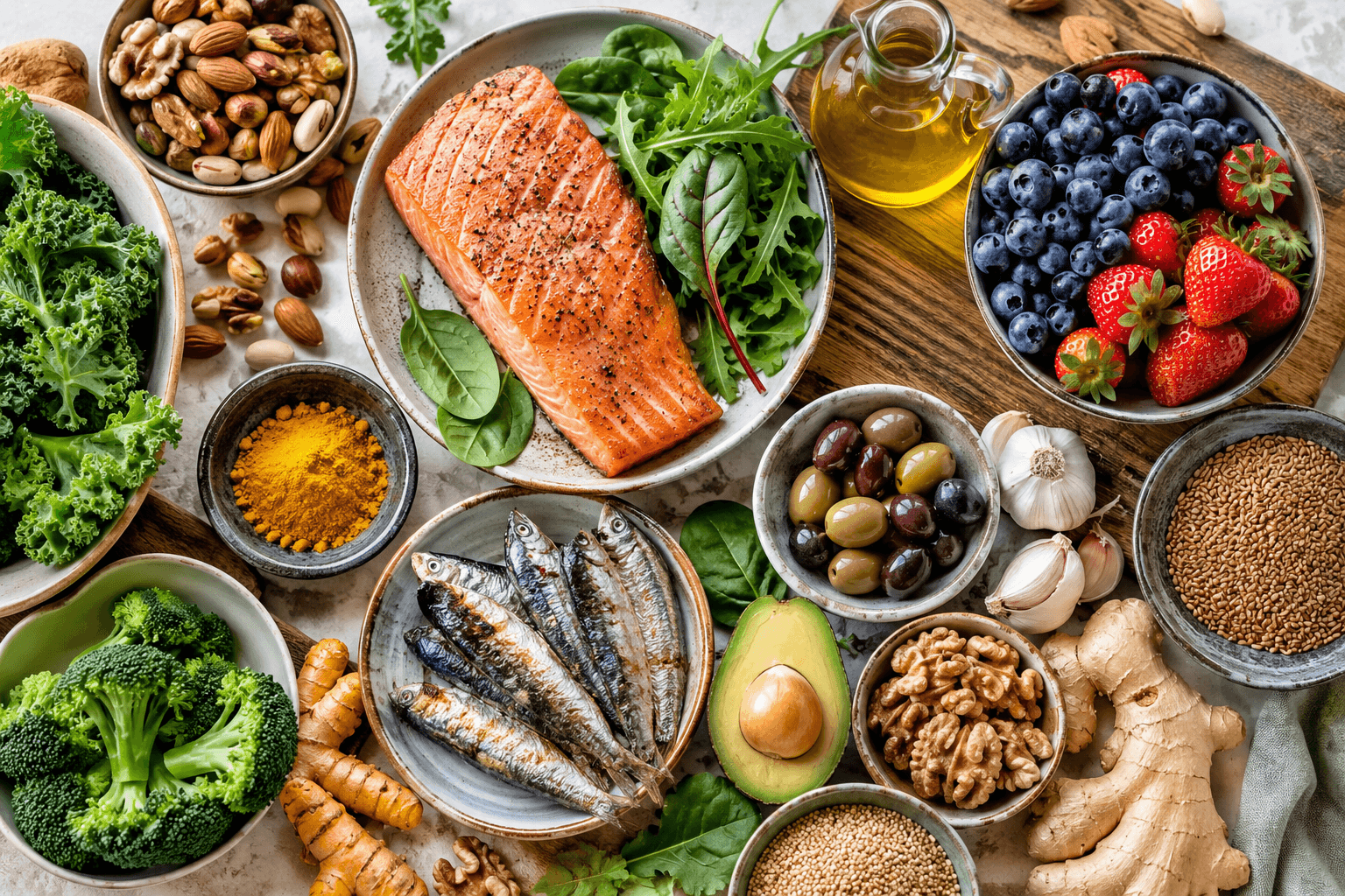 Table colorée d'aliments anti-inflammatoires : poissons gras, légumes verts, baies, huile d'olive, noix et curcuma
