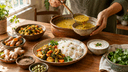 Déjeuner ayurvédique fait maison : dal de lentilles, riz basmati, légumes sautés, yaourt, curcuma et gingembre