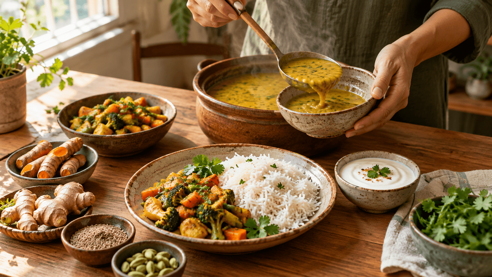 Déjeuner ayurvédique fait maison : dal de lentilles, riz basmati, légumes sautés, yaourt, curcuma et gingembre