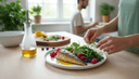 Vue plongeante sur des mains dressant une assiette de poisson gras, de baies et de verdure