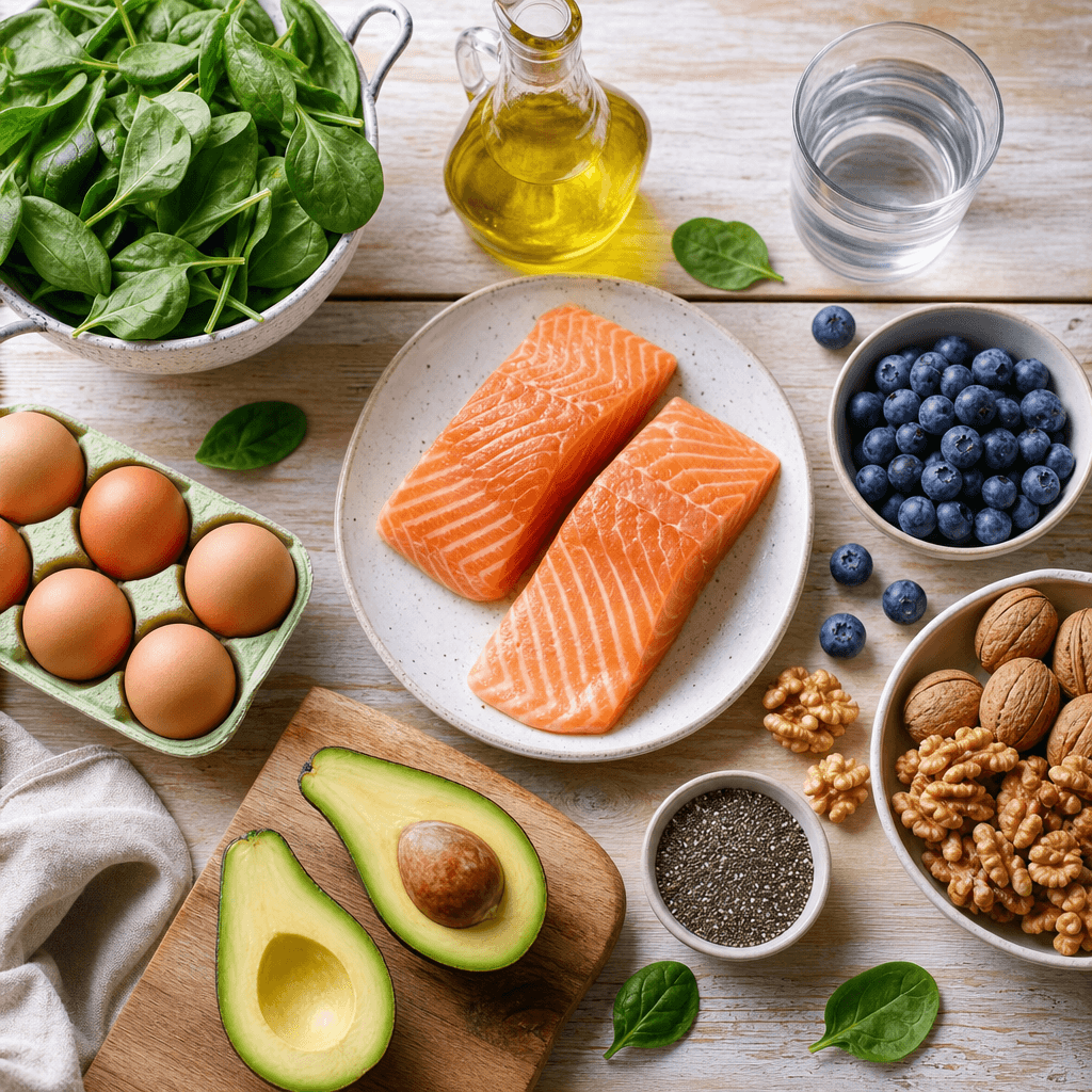 Aliments bénéfiques pour le cerveau et la concentration : poisson gras, noix, myrtilles, avocat, œufs et légumes verts sur une table