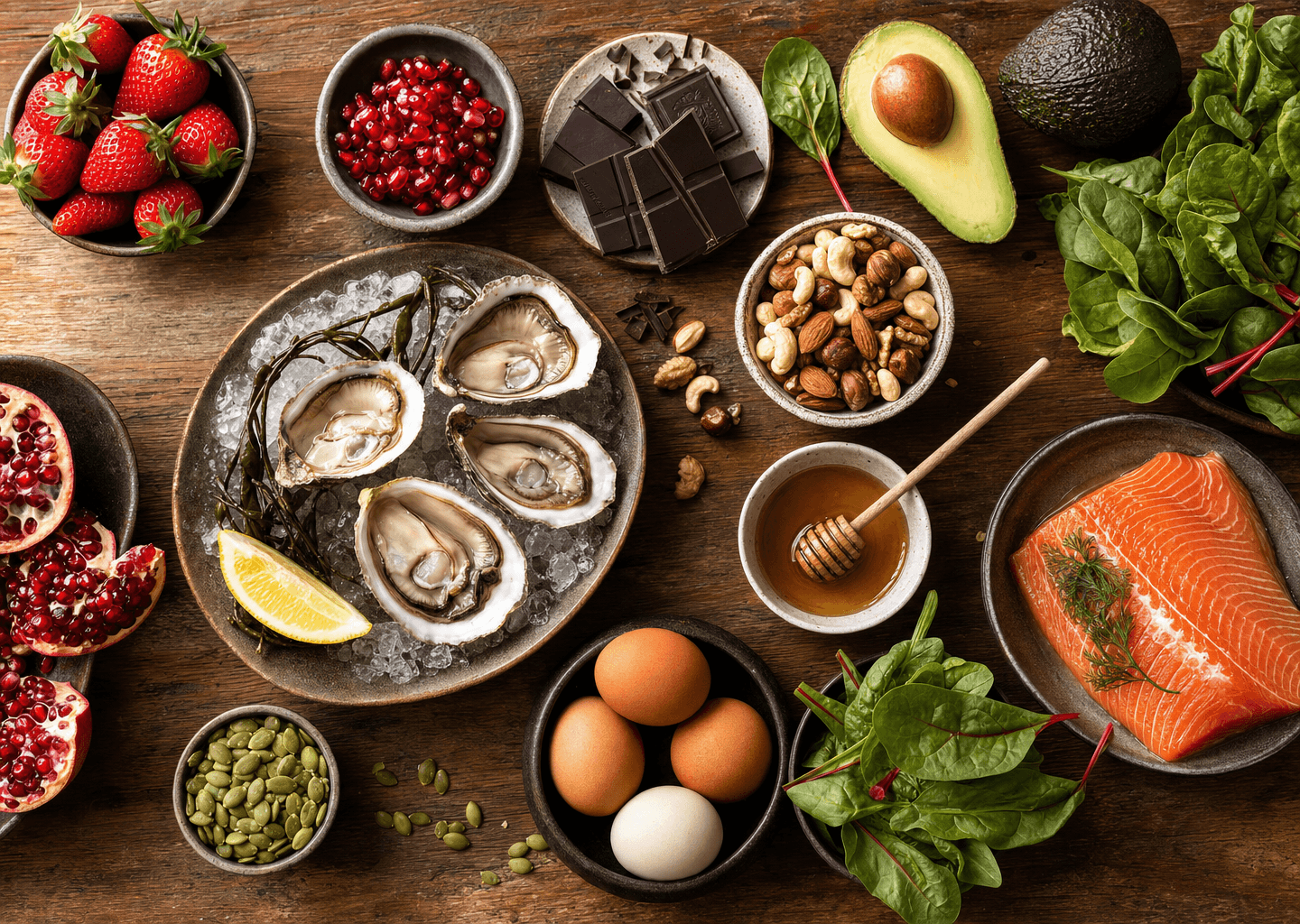 Nature morte alimentaire élégante : fruits de mer, chocolat noir, avocat, oléagineux et fruits rouges, aliments riches en zinc, oméga-3 et antioxydants favorables à la vitalité.