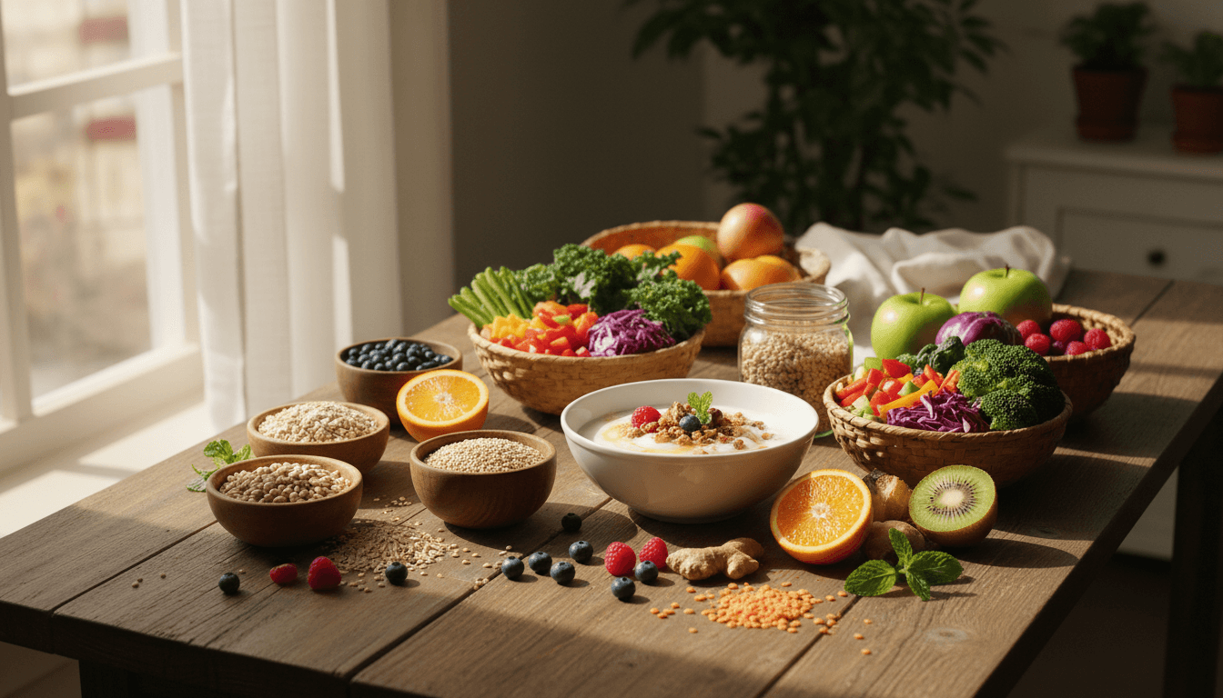 Illustration sereine évoquant une alimentation favorable à une bonne digestion : légumes, fruits et aliments riches en fibres.