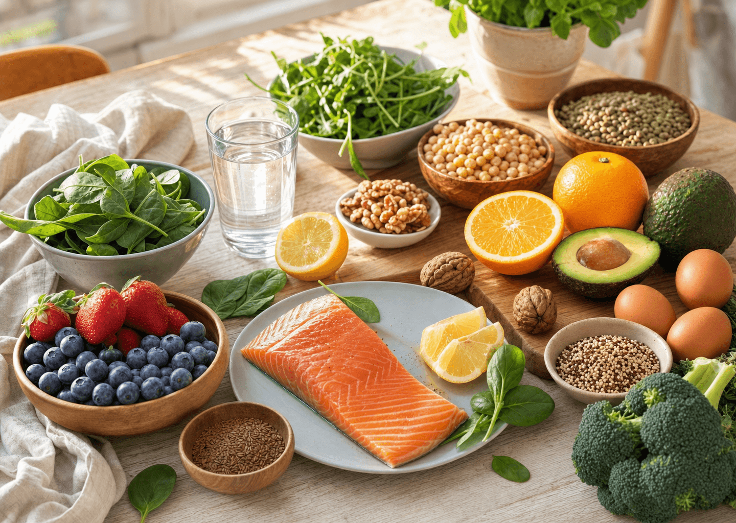 Table lumineuse garnie d'aliments frais riches en folate, oméga-3 et antioxydants soutenant la fertilité du couple