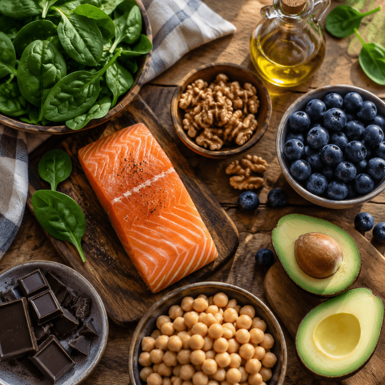Table en bois garnie d'aliments frais et colorés bénéfiques pour l'humeur : légumes verts, saumon, noix, baies, avocat et chocolat noir