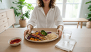 Vue plongeante sur des mains posées de part et d'autre d'une assiette de légumes et de riz