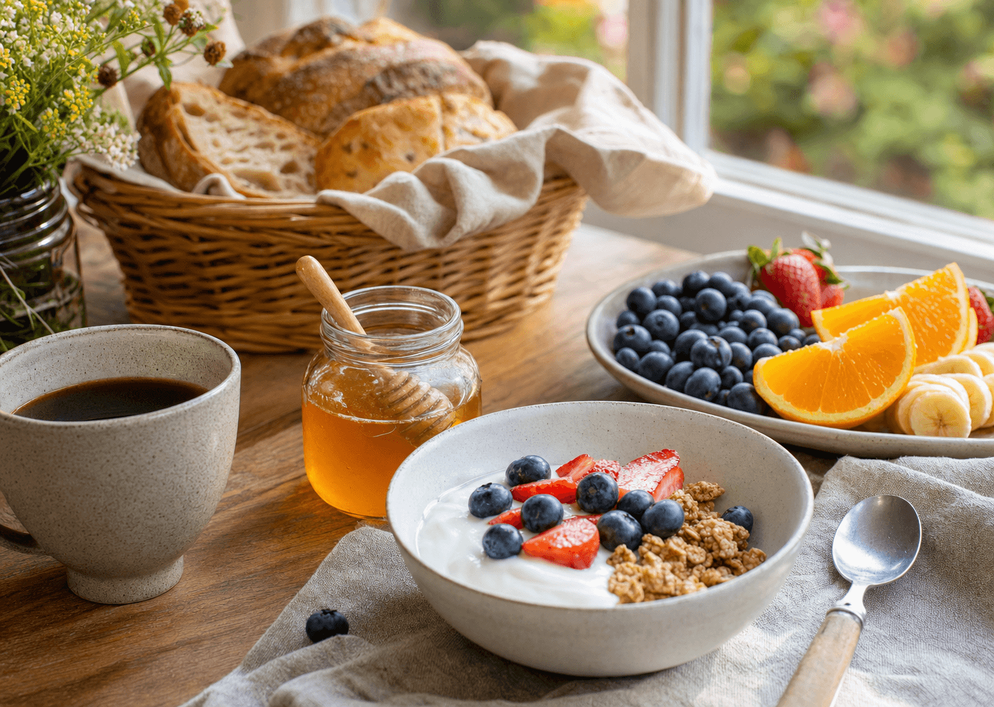 Table de petit-déjeuner colorée et variée près d'une fenêtre : fruits frais, pain, yaourt et café dans une lumière naturelle joyeuse