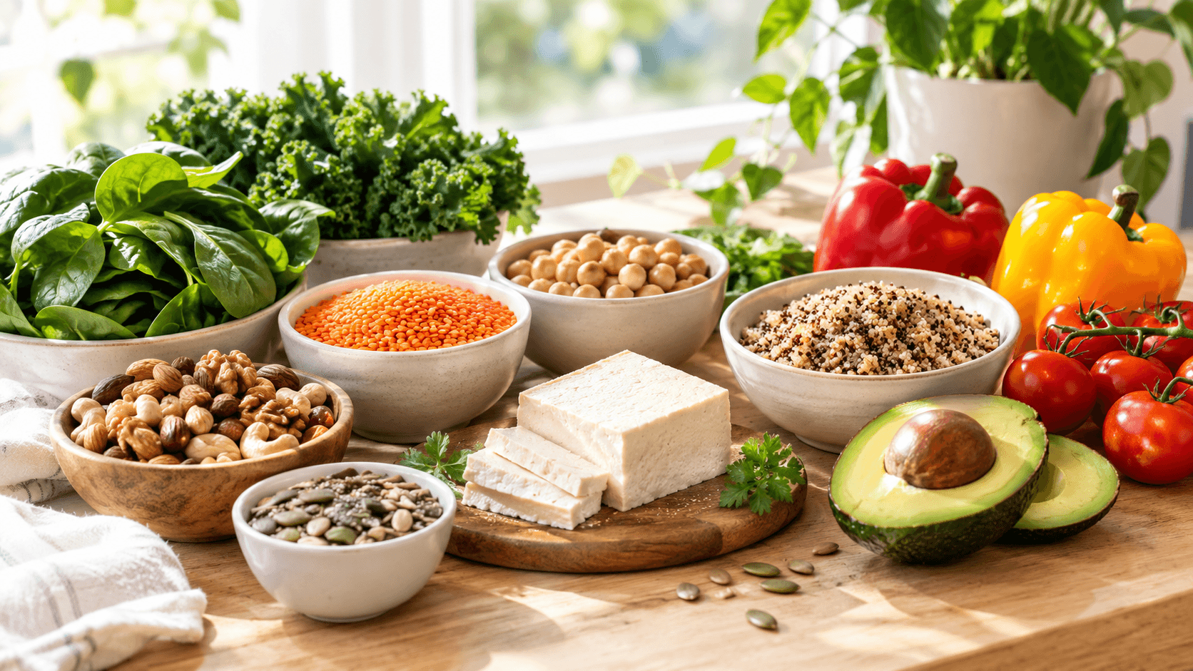 Légumes frais, légumineuses, tofu et céréales complètes sur une table en bois, alimentation végétale équilibrée