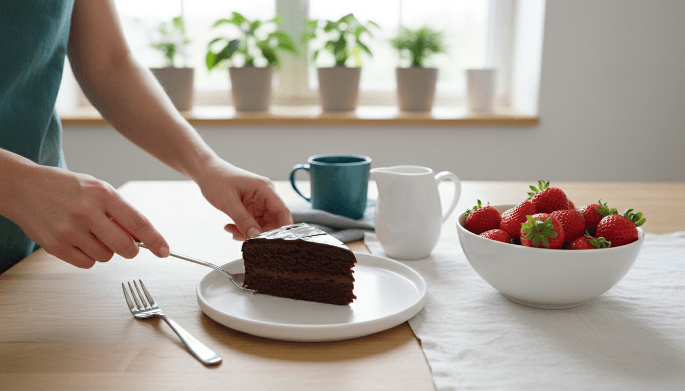 Mains déposant une part de gâteau au chocolat dans une assiette près d'un bol de fraises