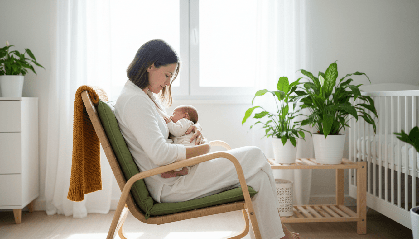 Jeune mère de profil allaitant tendrement son nouveau-né dans une chambre lumineuse et apaisée