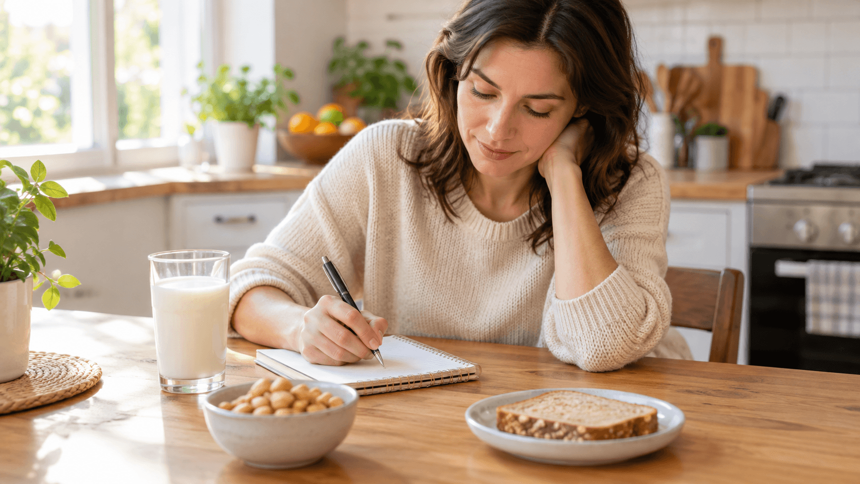 Femme notant ses repas dans un journal alimentaire près d’un verre de lait, de pain et d’arachides, dans une cuisine lumineuse