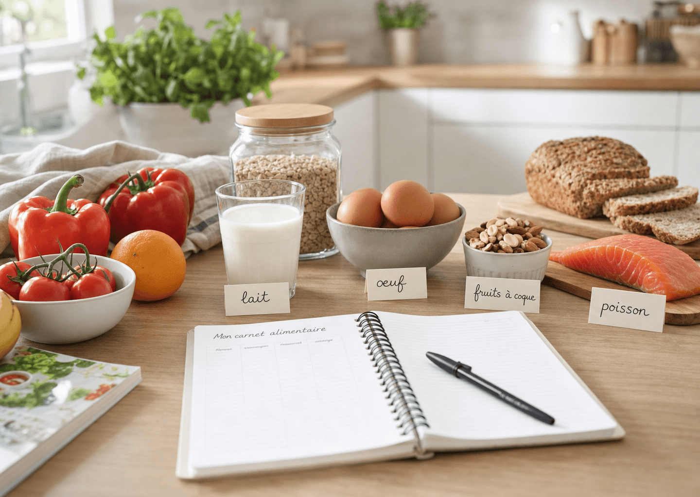 Plan de travail de cuisine lumineux avec aliments frais variés étiquetés et carnet de suivi alimentaire pour la gestion des allergies alimentaires