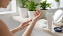 Gros plan de mains appliquant une crème émolliente sur un avant-bras dans une salle de bain