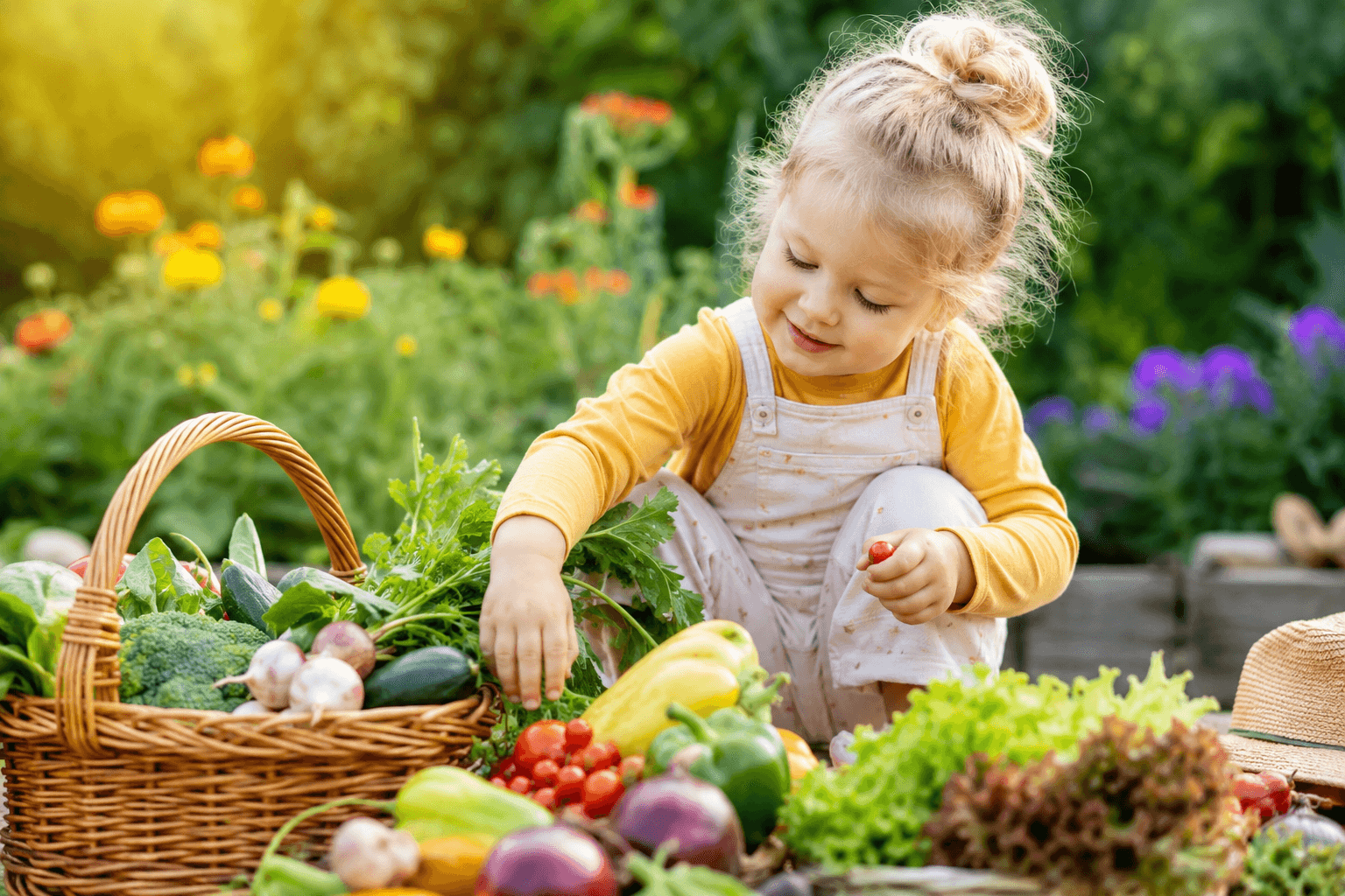 Jeune enfant serein et en bonne santé jouant en plein air dans un jardin naturel lumineux, entouré de fruits et légumes frais et variés