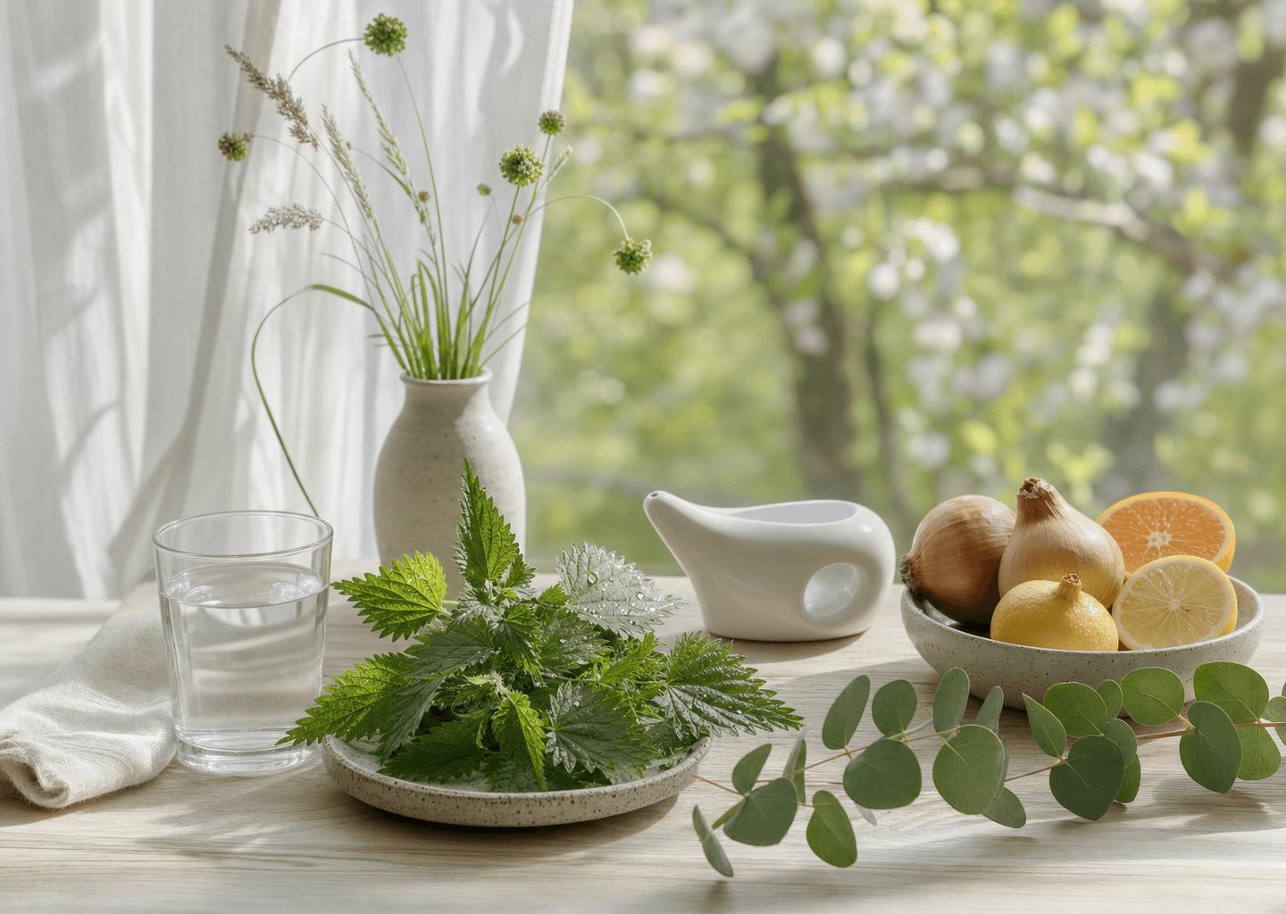 Composition bien-être sur une table près d une fenêtre au printemps : verre d eau, feuilles d ortie, brin d eucalyptus et pot de lavage nasal pour soulager les allergies saisonnières
