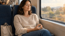 Femme assise près de la fenêtre d'un train, yeux fermés, pressant pouce et index pour activer une ancre de calme