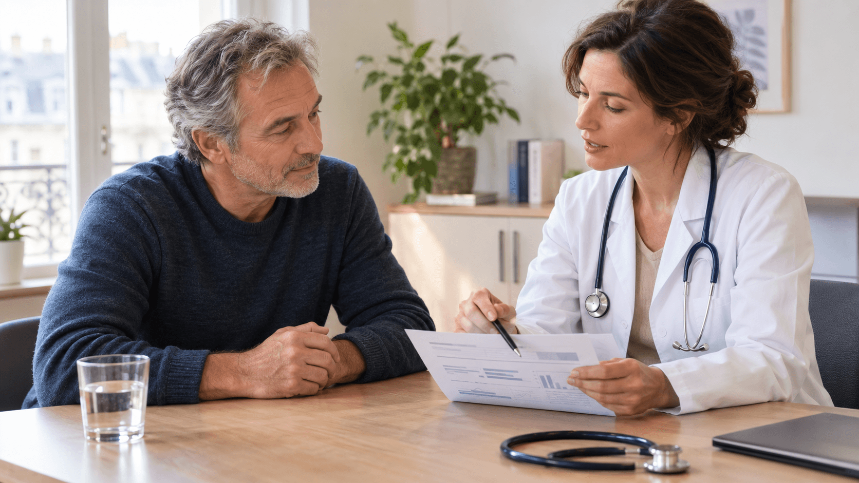 Homme d'une cinquantaine d'années écoutant une médecin lui expliquer ses résultats de prise de sang en consultation