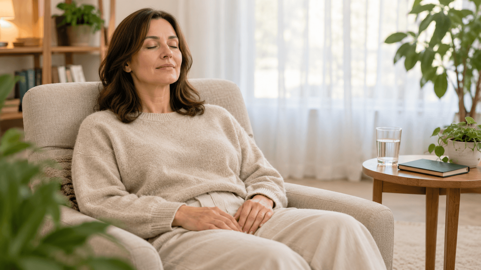Femme habillée assise, détendue et les yeux fermés dans un fauteuil, au sein d’un cabinet d’hypnose lumineux et apaisant