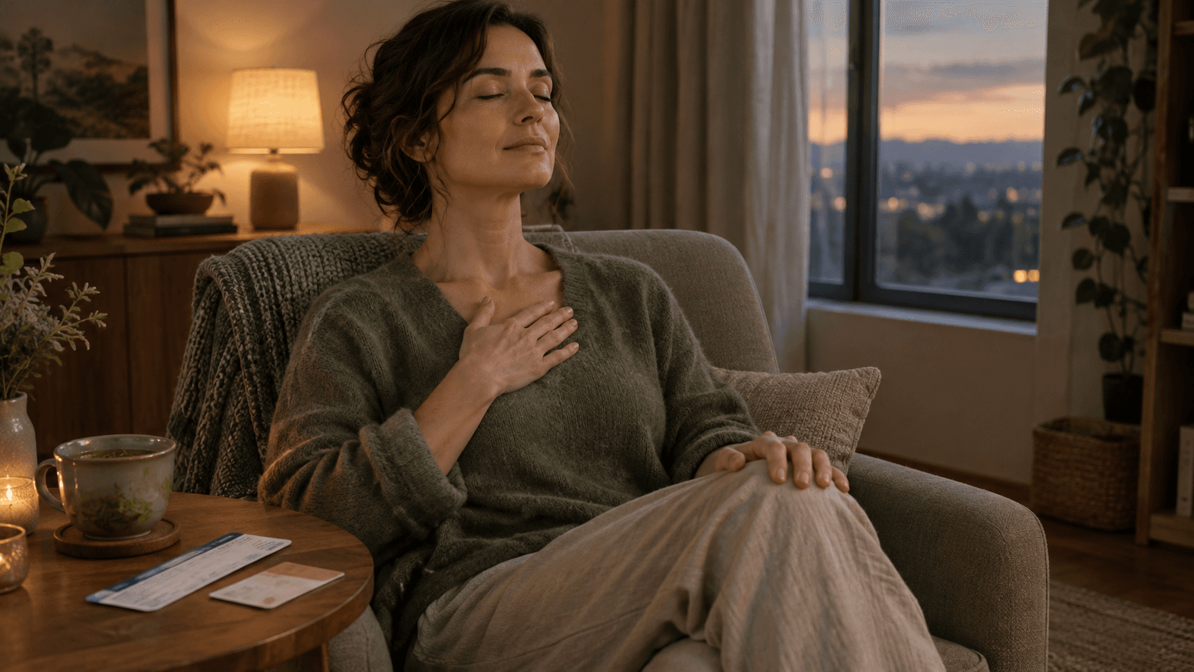 Femme assise dans un fauteuil, yeux fermés, main sur la poitrine, qui s’apaise avant un rendez-vous dans un salon chaleureux