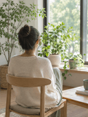 Personne de dos assise près d'une grande fenêtre lumineuse, regardant des plantes vertes dans une pièce calme et apaisante