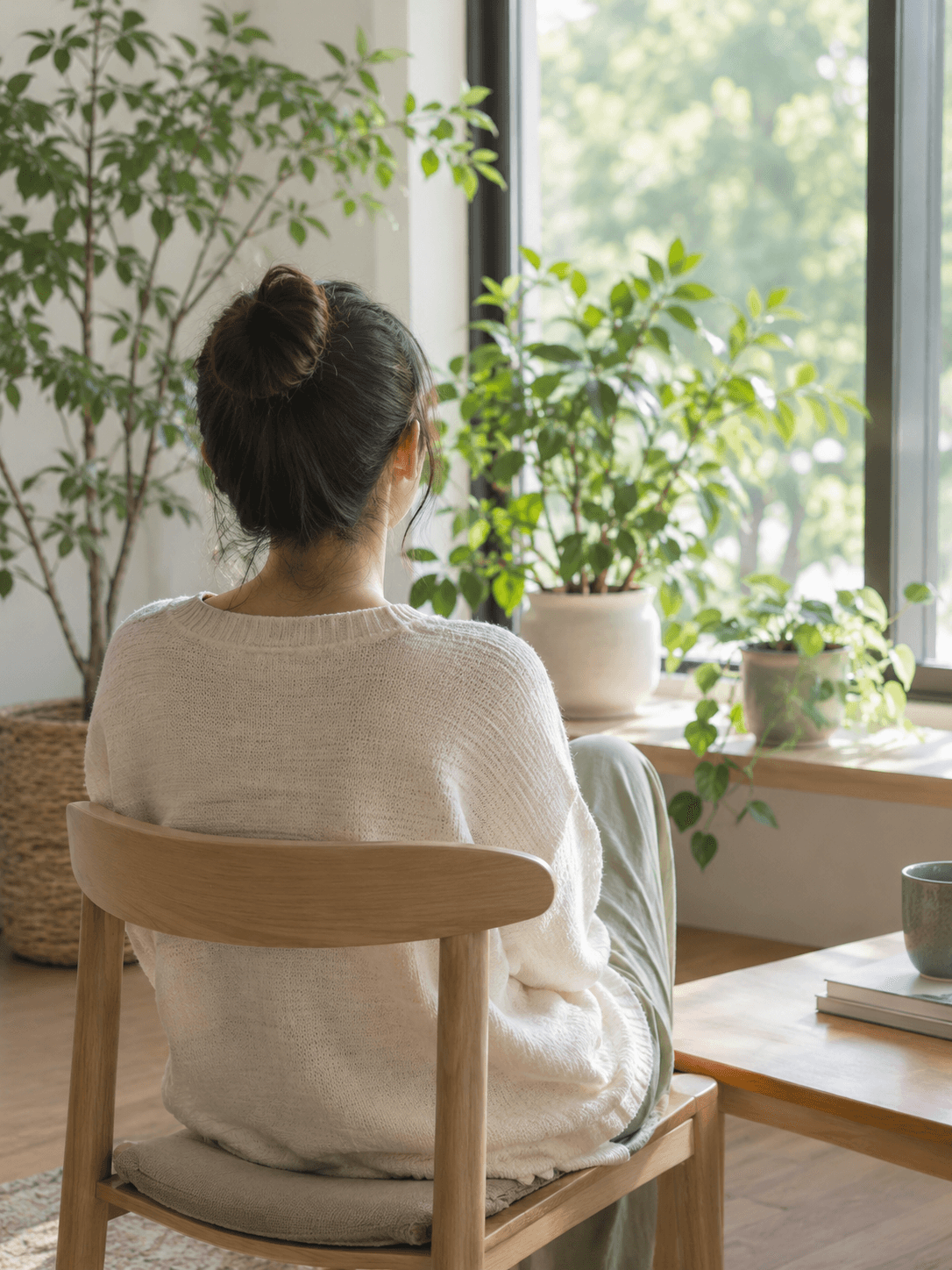 Personne de dos assise près d'une grande fenêtre lumineuse, regardant des plantes vertes dans une pièce calme et apaisante