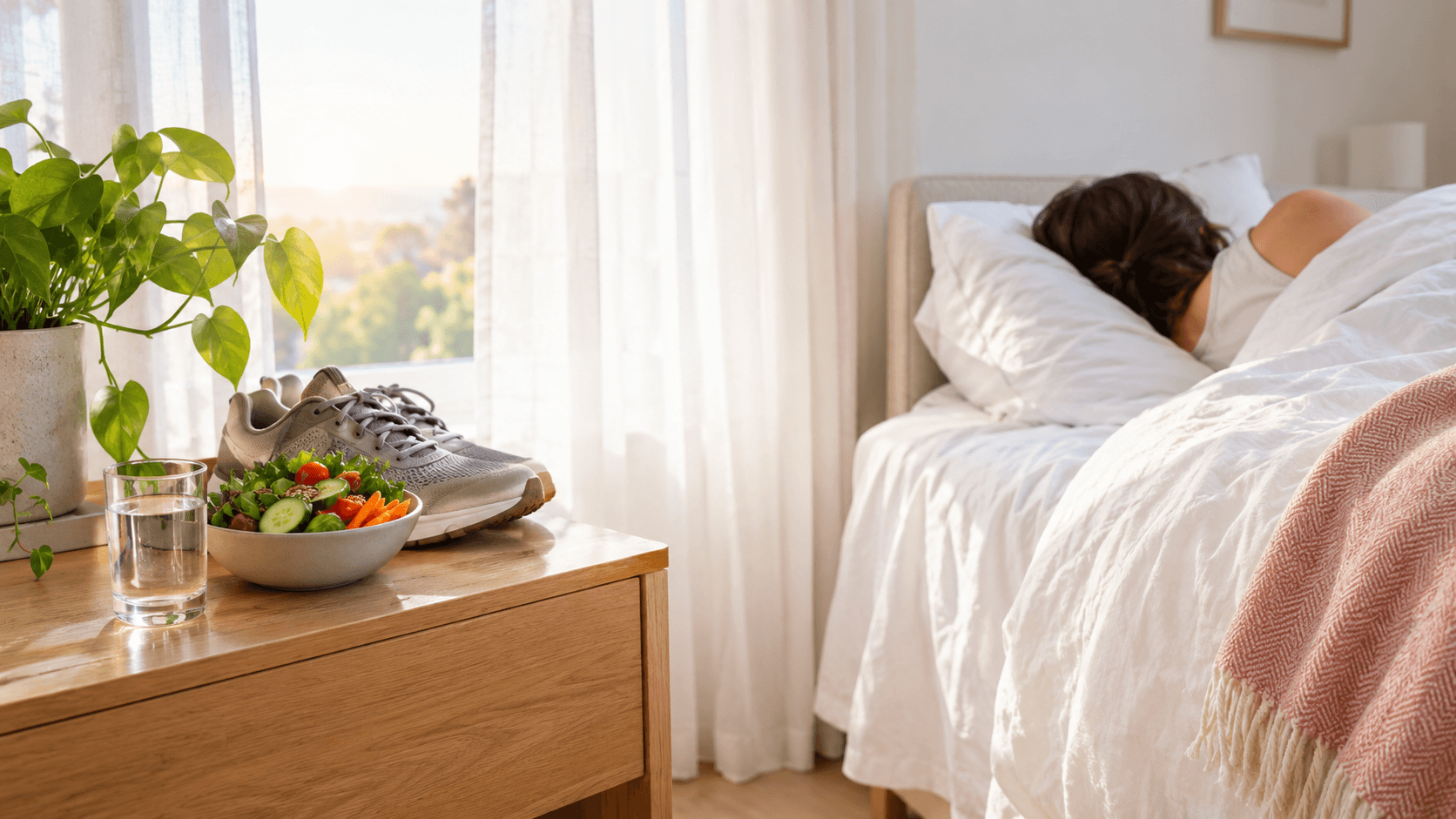 Chambre paisible à l'aube avec verre d'eau, chaussures de marche et légumes frais évoquant un mode de vie sain