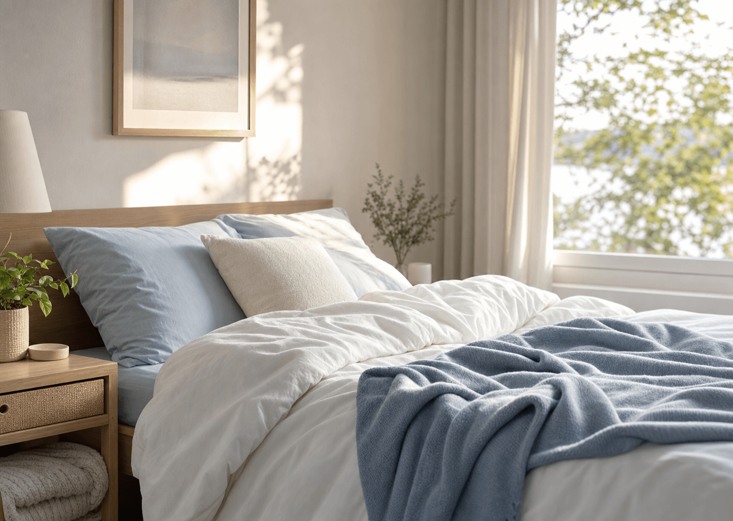 Chambre paisible et lumineuse au petit matin évoquant un sommeil réparateur