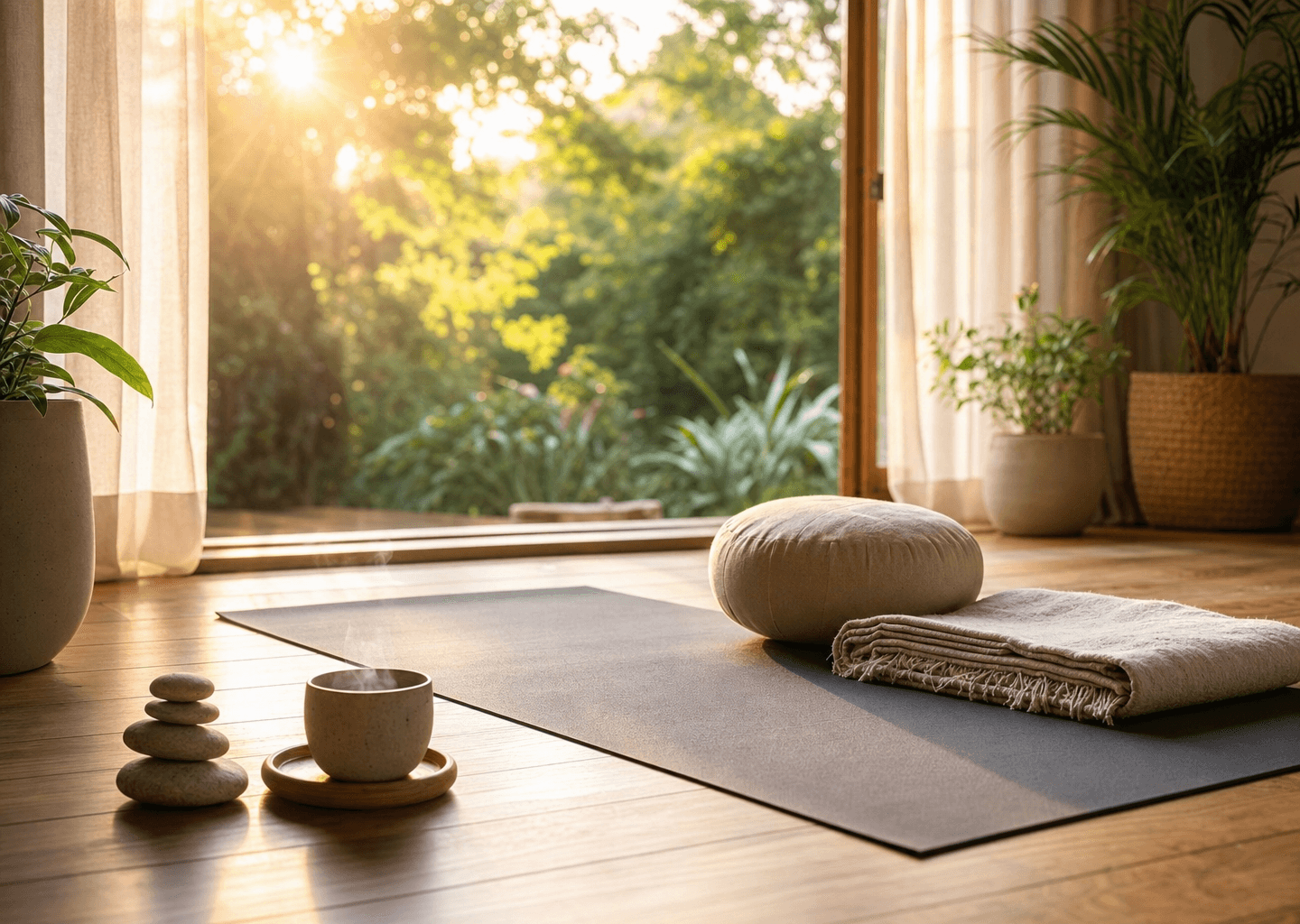 Espace de yoga et de méditation lumineux et apaisant avec tapis, coussin, galets et tasse de thé, évoquant les approches corps-esprit contre la douleur chronique