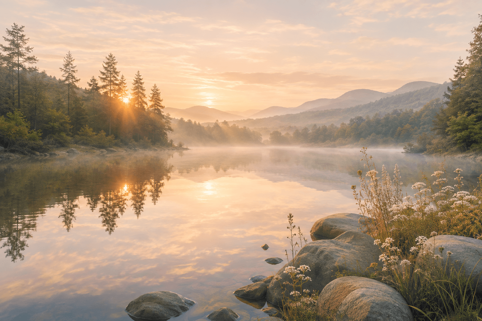 Paysage naturel apaisant au lever du jour, lac calme et forêt, évoquant les approches naturelles anti-stress